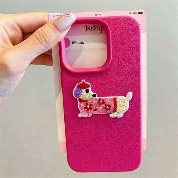 Korean Cute 3D Cartoon Embroidery Dog Phone Case For iPhone 16 15 13 12 11 Pro Max 14 Plus X XS XR 7 8 SE2 Funny Puppy Cover
