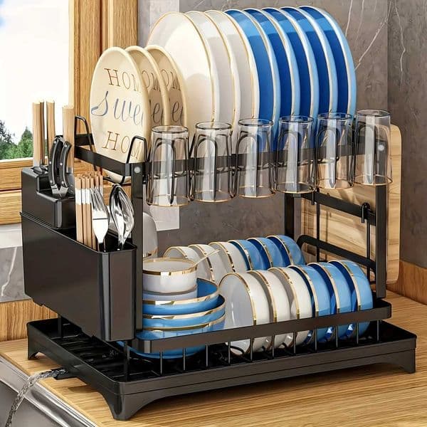 Detachable Stainless Large Steel Dish Rack Rust Proof Easy Clean with Cup Holder Cutlery Storage Cutting Board HolderL260601JC7V
