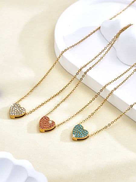 Aesthetic Korean-Style Minimalist Y2K Stainless Steel 18K Gold-Plated Colorful Full-Diamond Heart Pendant Necklace For Women M260601