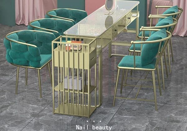 Nordic Dali dresser makeup table salon equipment furniture Iron art manicure table and chair set tempered glass table top