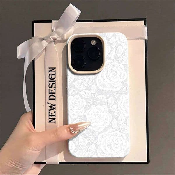 White Rose Lace Pattern Lychee Texture Silicone Phone Case For iPhone Max 15 16 14 13 12 11 Pro Plus 17 Air Soft Cover