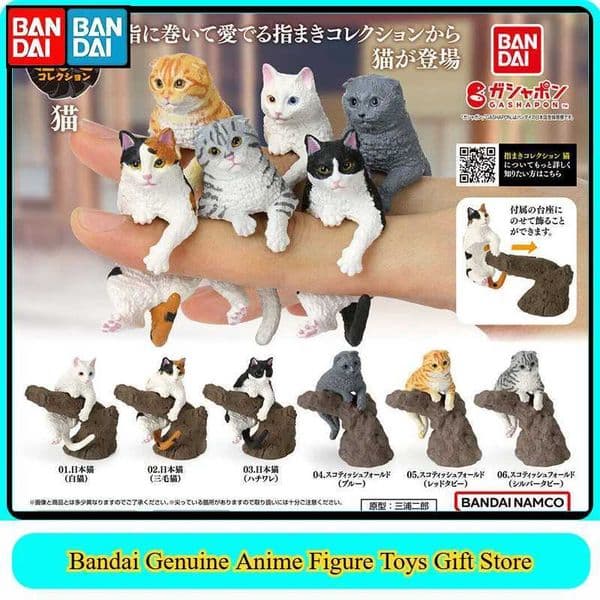 Bandai Original Gashapon Cat On Finger Ring Figurine Climbing White Calico Cat Bicolor Collectible Desktop Decor Toy L260601JDB5