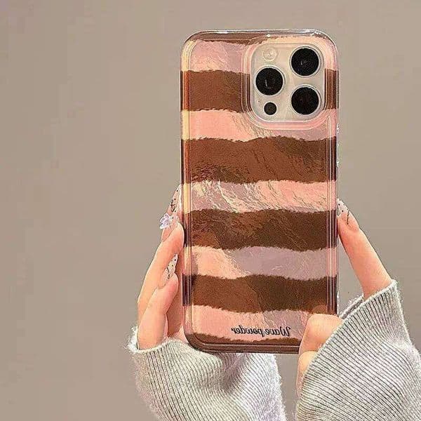 Brown Stripe Print Tinfoil Texture Hard Phone Case for iPhone 17 11 12 13 14 15 16 Pro Max XR XS X 7 8 Plus Pattern Soft Cover