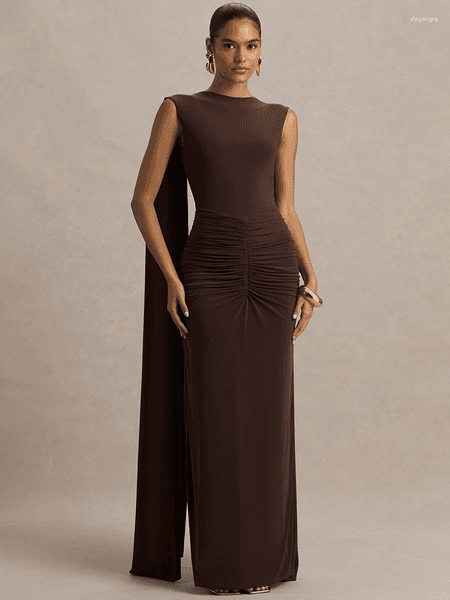Casual Dresses Mozision Backless Cape Sleeves Sexy Maxi Dress Women Gown Elegant Boat-Neck High Waist Ruched Bodycon Club Party Long