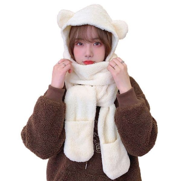 Cute Women Bear Solid Color Winter Thick Warm Hat Scarf Gloves Set Windproof Soft Comfortable Daily Casual Scarves Caps Cycling Neck Warmer JY0851