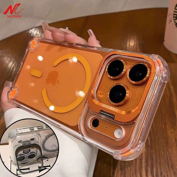 Luxury Stand Glass Lens Protector Transparent Case For iPhone Air 16 15 14 Plus 11 13 12 17 Pro Max for Magsafe Magnetic Cover