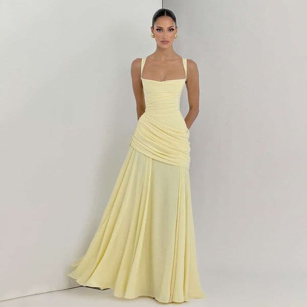 European American style women's spring and summer new elegant solid color low-cut ruched strap waist-cinching backless dress wholesale