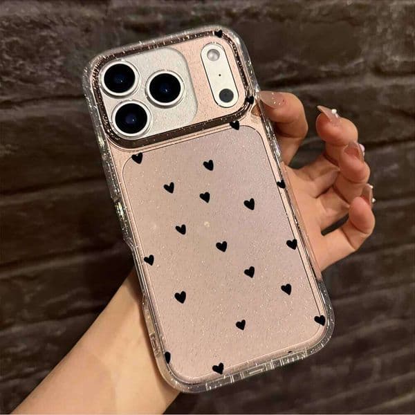 Mini Black Hearts Phone Case For iPhone 16 15 14 13 12 11 Pro Max 16E 17E 17 Air X XR Glitter Clear TPU Cover
