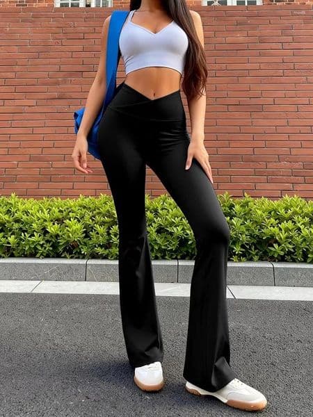 Women's Pants V Shape Cross Waist Leggings High Wide Leg Flare Stretch Casual Sports Trousers Studio And Outdoor Base Layer Tights
