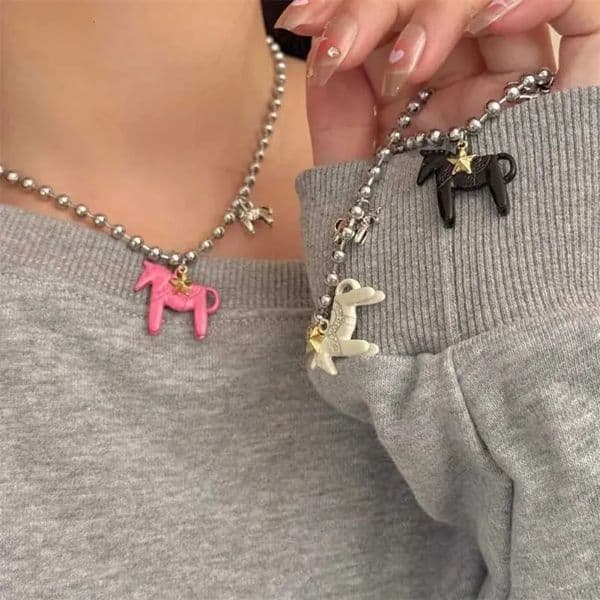 2026 Funny Silver White Pink Color Enamel Colt Horse Pendant Necklace For Women Copper Beads Chain Chokers cologne perfume Fashion Jewelry Free Shipping 33