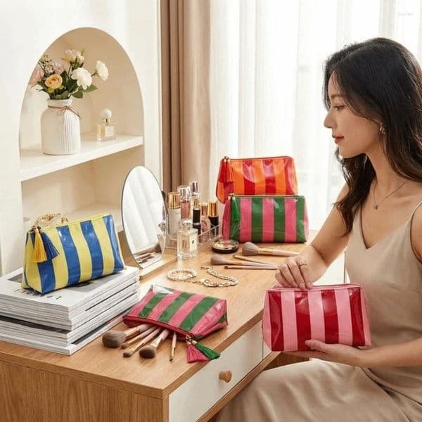Cosmetic Bags Waterproof Striped Bag Pattern Large Capacity PVC Makeup Portable Tassel Zipper Wash Storage Pouch