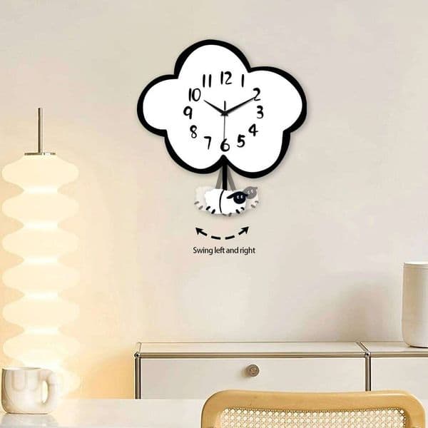 A Modern Cute Wooden Cloud Sheep Large Battery Powered Silent Swing Living Bedroom Home Kitchen Aesthetic Room Decoration Wall Clock 26Y0601