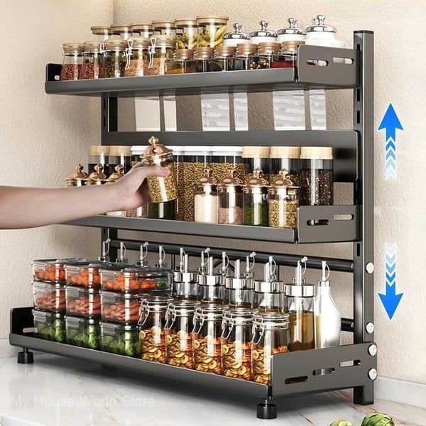 Tier Spice 3 Storage Rack for Countertop Adjustable Spice Organization for Cabinet Kitchen Organizer Metal Shelf BlackL260601Y8JLG072