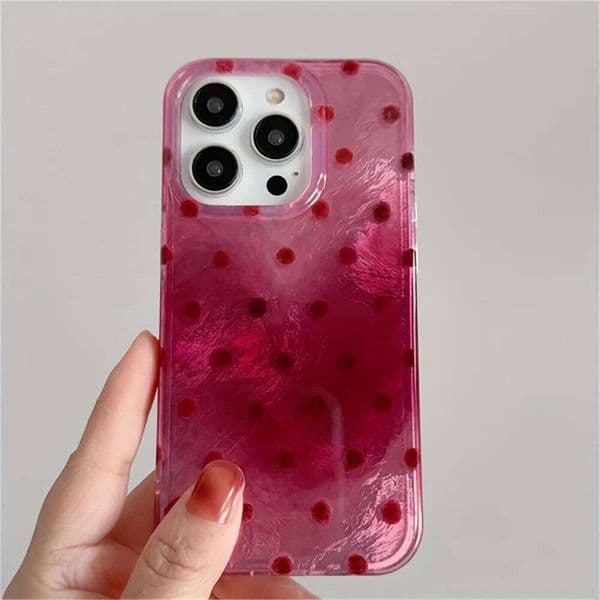 Adorable Heart Phone Case For iPhone 16 Pro Max 15 14 13 12 11 XS X XR 7 8 Plus 16E With Cute Dot Raspberry Red Background Cover