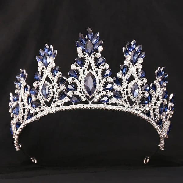 Silver Color Dark Blue Rhinestone Wedding Crown for Women Large Crystal Banquet Tiaras Headband Costume Hair Jewelry Accessories 260601