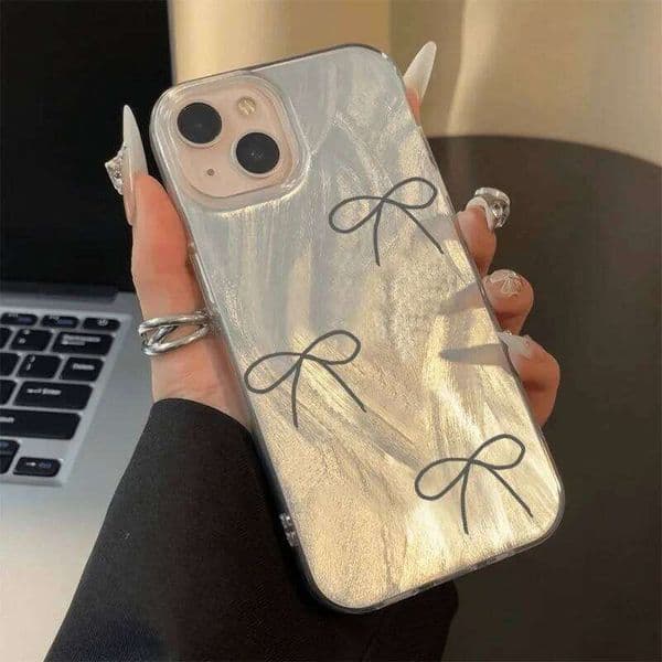 Pretty Silver Bow Pattern Phone Case For iPhone 17 Air 16 15 14 11 13 12 Pro Max XSMax XS XR X Exquisite Hard Cover