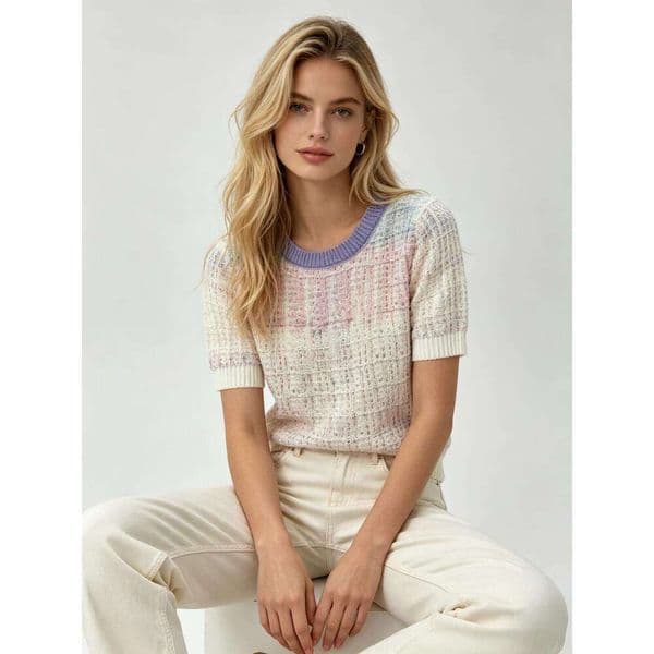 Designer Colorful Gradient Knit Short Sleeve Top, Women's Crew Neck Casual Sweater, Soft Hollow Out Pullover for Spring Elegant Waist Tight