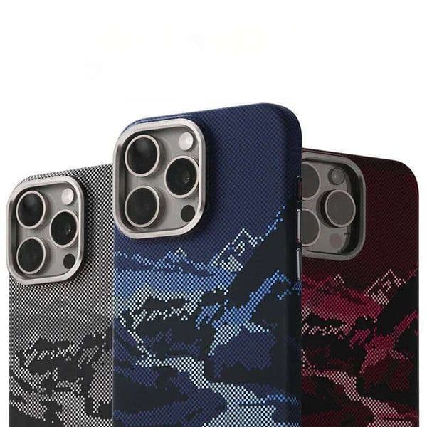 Abstract Landscape Relief MagSafe Phone Case for iPhone 16 15 14 Pro Max 17 Wireless Charge Alloy Lens Shield Hard PC Cover W260601