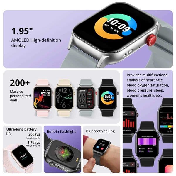 2024 COLMI P78 195 HD AMOLED Smartwatch Flashlight Vo Calling 100 Sports Modes Health Monitoring Smart Watch Men WenJ260601