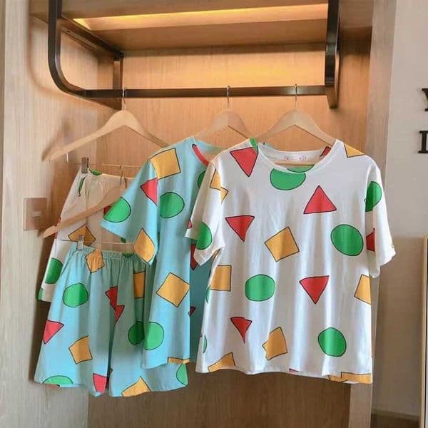 Short-Sleeved Pyjamas Womens Summer Cartoon Cute Geometric Nightwear Homewear Casual Pullover Shirt Ladies Sleepwear Loungewear L260525