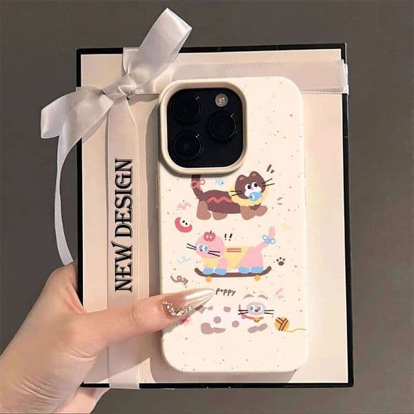 Chic Fine Line Cute Animal Artwork Case For iPhone 17 Air 16 15 14 13 12 11 Pro Max Plus X Litchi Leather Shockproof Shell