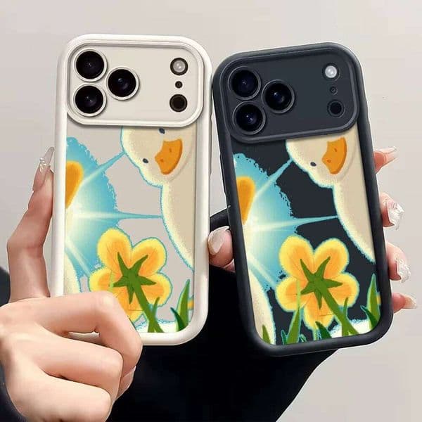 Cute Call Duck Sketch Art Case For iPhone 17 Air 16 E 15 14 13 12 11 Pro Max 8 Plus X Diamond Sand Texture Shockproof Cover