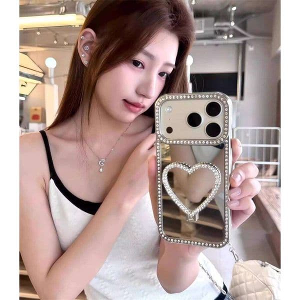 INS Luxury Shiny Diamond Mirror Phone Case For iPhone 17 Pro Max 16 15 14 13 Foldable Love Heart Holder Stand Shockproof Cover