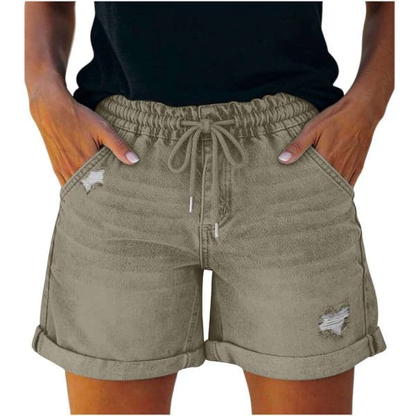 Women's Ripped Drawstring Double-Pocket Slim-Fit Sexy Denim Elastic Waist Shorts 46C