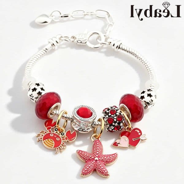 Starfish Red Enamel Heart Crab Charm Brelet Ocean Series Red Crystal Bead Jewelry for Summer Beh Gift S260602