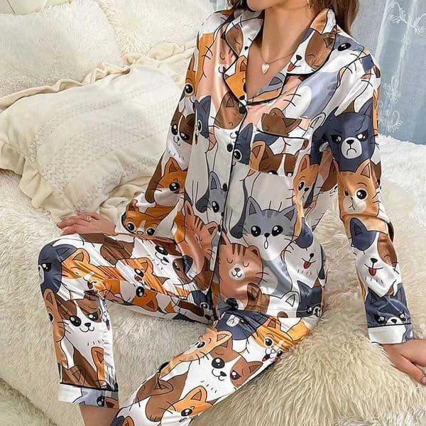 Cute Cat Print Pajama for Women Satin Long Sleeve Lapel Collar Tops Pants Pyjama Loungewear for Fall Ladies Sleepwear Pj Sets L260525
