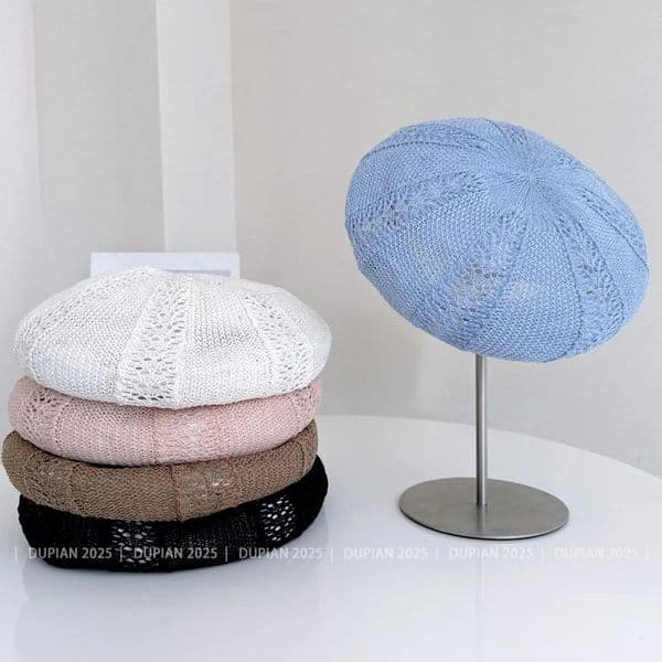 Japanese Vintage Light Breathable Linen Beret Women Summer Hollow Crochet Painter Hat Fashion All-match Pumpkin Hat 260601