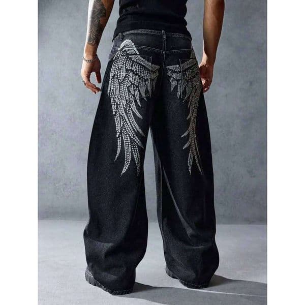 Y2K Men Black Trend Dressing Up Korean Style Simple Baggy Angel Printed Jeans 2025 Fashion Necessary Solid Retro Straight Pants 26Y0526