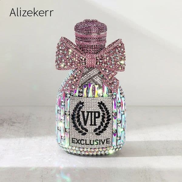 Alizekerr Champagne Bottle Shaped Bow Crystal Evening Bags Women Gorgeous Unique Bling Diamond Metal Clutch Purses Wedding Party 260602
