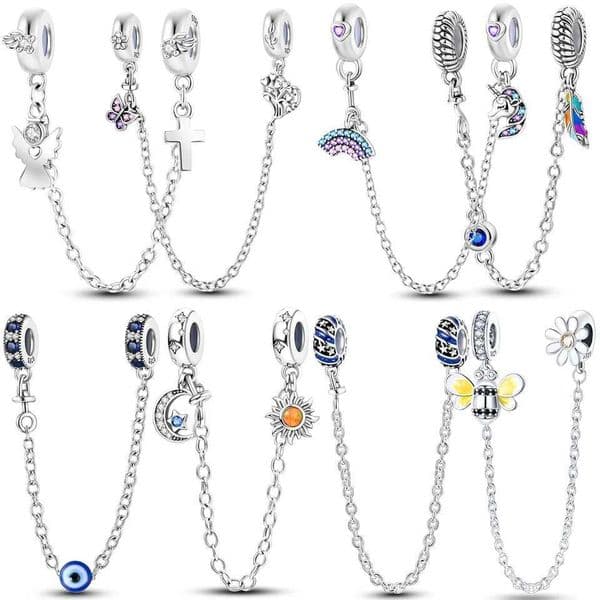 925 Sterling Silver Fashion Safety Chain Star Moon Inlaid Zirconium Charms Beads Fit Bangle Bracelet DIY Jewelry Gift C260602