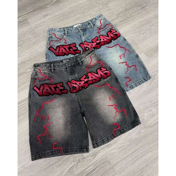 Hip Hop Retro Y2k Black and blue graffiti Jeans Cartoon Graphic Streetwear Denim Baggy Harajuku Gym Basketball Shorts Men 26L0602