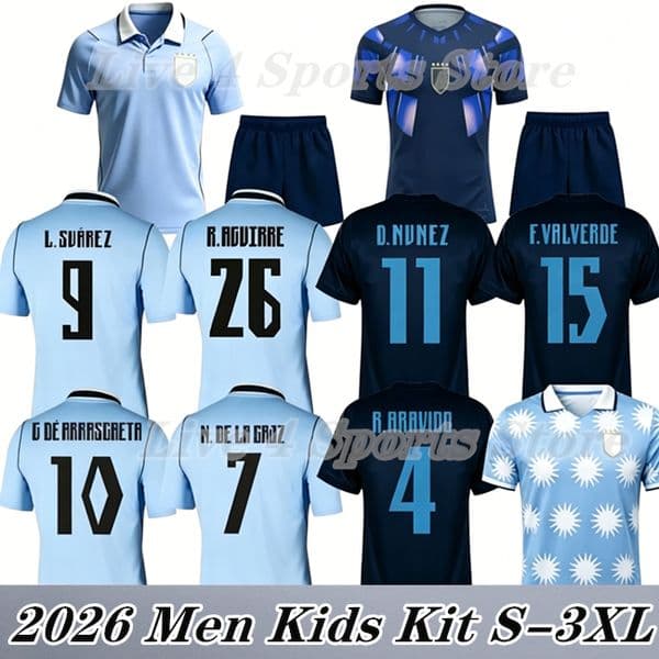 World Cup 2026 Uruguay National Soccer Jerseys L.SUAREZ E.CAVANI N.DE LA CRUZ G.DE ARRASCAETA F.VALVERDE R.ARAUJO R.BENTANCUR F.TORRES S. BUENO 26 27 Shirts Men Kids Kit
