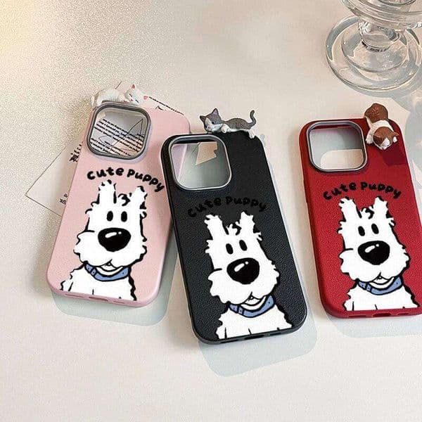 Funny Puppy DIY 3D Doll Cat Case Compatible for IPhone 11 13 12 Pro XR 16 14 15 Plus XS X Max Leather Texture Cover