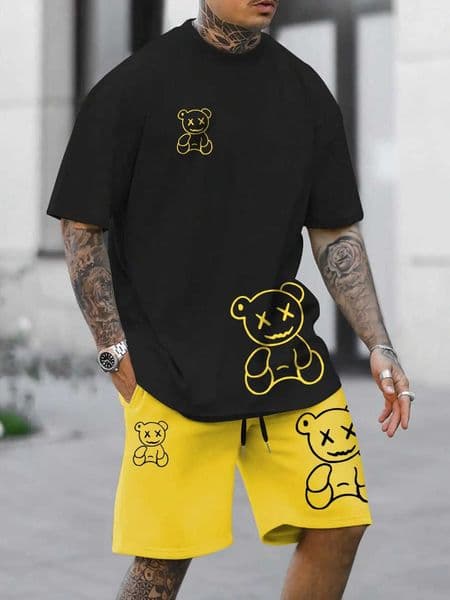 Mens cartoon bear print staff collar short slved Tshirt and drawstring pocket shorts set summer mens casual sportswear 240808 D260602