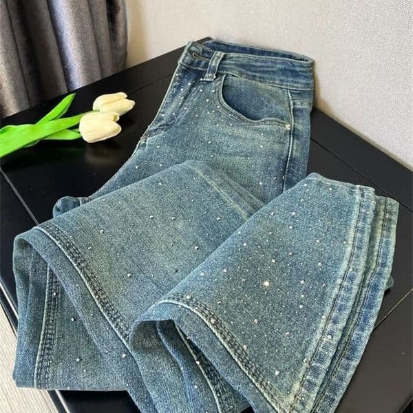 Retro Washed Diamond-encrusted Jeans Womens Spring Sense High-waisted Straight-leg Pants Loose Wide-leg Mopping Pants 260601