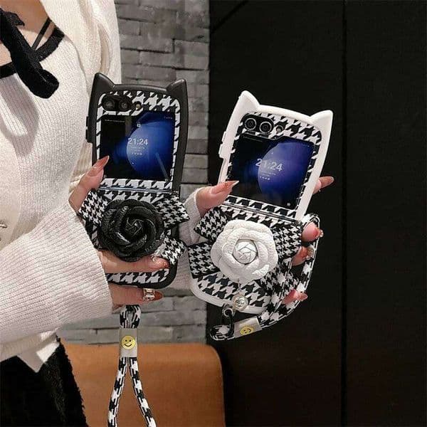 Fashion Houndstooth Flower Phone Case Samsung Galaxy Z Flip 6 5 4 3 Cover with Hand Strap Silicone Cases For Flip4 Flip5 5G