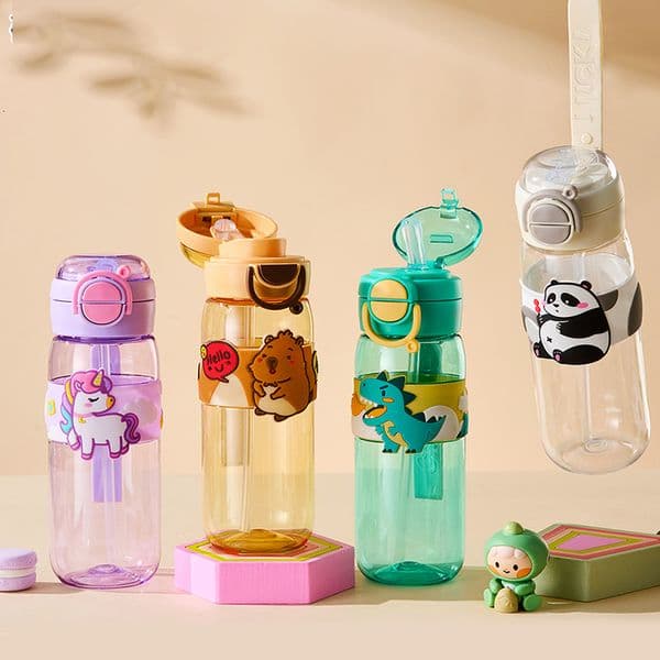 Cartoon Double-Drinking Straw Cup with Portable Handle and Shock-Resistant Design for Students