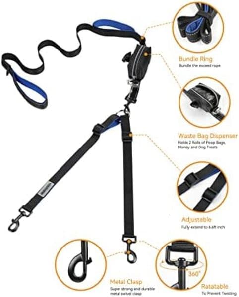 Dog Collar Designer Double Leash, No Tangle Walking Leash 2 Dogs Up To 180Lbs, Comfortable Adjustable Dual dog leash