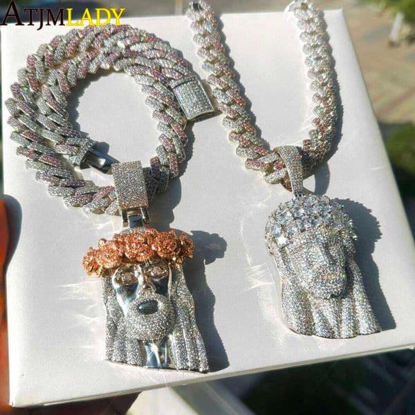 Ice Out Two Tone Color JESUS PIECE Pendants Necklaces Bling CZ Paved Pink White Cuban Chain for Men Boy Hip Hop Jewelry 26L0602