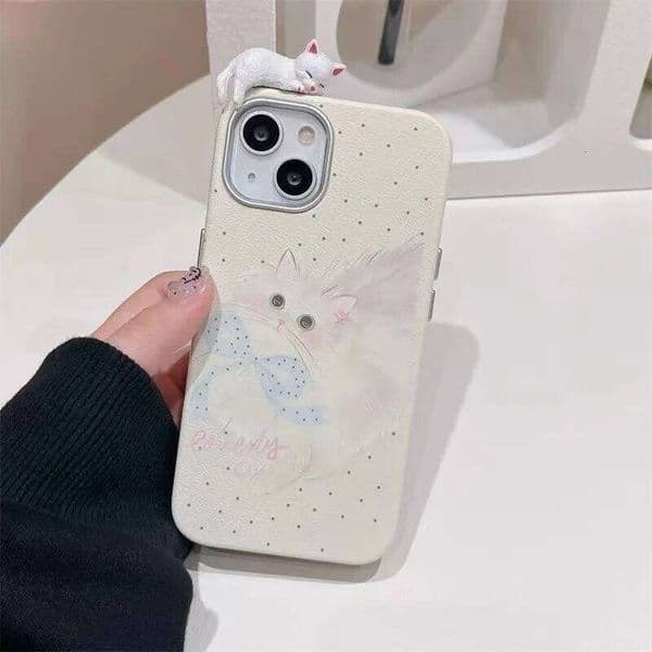 Cute Bow Knot Kitten 3D DIY Case Compatible for IPhone 11 13 12 14 Pro 16 15 Plus XR X XS Max Leather Texture Cover