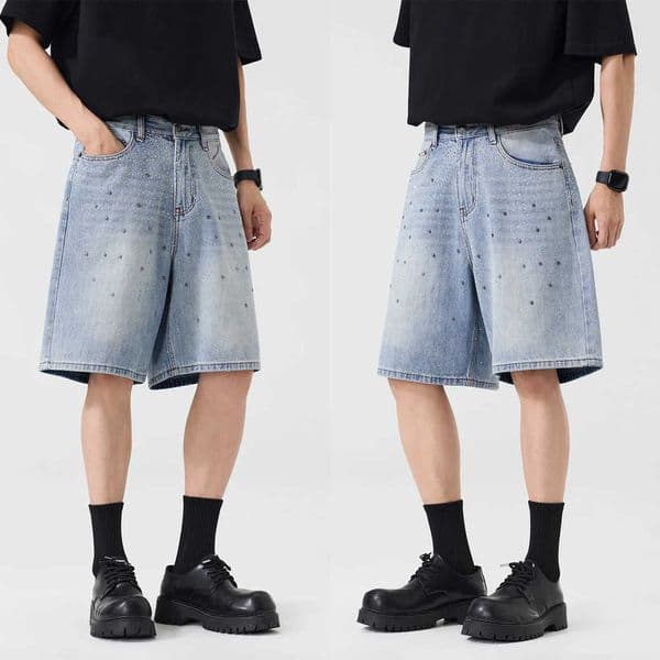 Skull Hot Rivet Denim Shorts Men Streetwear Hip Hop Loose Casual Jeans Shorts Pants Cityboy Short Trousers L260529