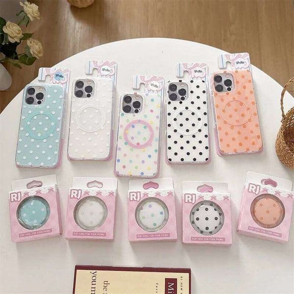 Simple Polka Dot Magnetic Phone Case For iPhone 16 14 Pro Max 15 Promax Cover with Magsafe Stand Shockproof Cute Cases