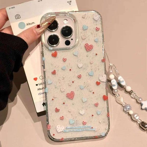 Fashion Love Heart Bracelet Case Compatible for IPhone 13 16 11 12 15 Pro XR X XS Max 16Plus SE 2020 Glitter Powder Cover