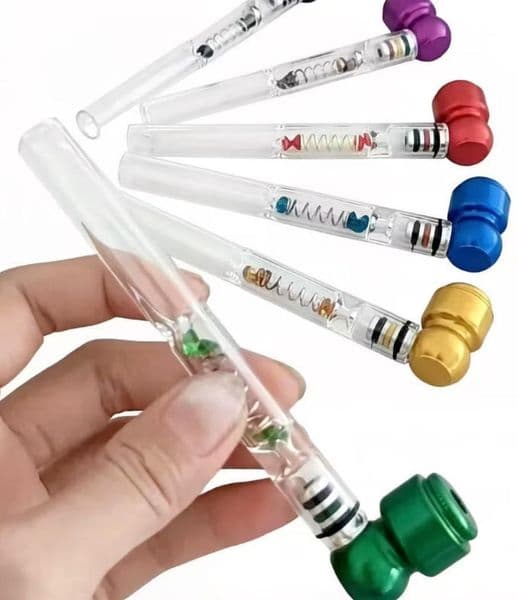 Glass Smoking Tobacco Pipes with Metal Bowl One Hitter Cigarette Spring Filters Herbal Oil Burner Hand Pipe Tool Accessories
