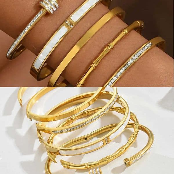 Stackable Gold Plated for Women Her Crystal Pearl Bamboo Stainless Steel Bangles Daily Party Jewelry 2025 Trendy Gift L260601