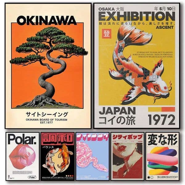Japanese OKINAWA Koi Fish Flowers Trees Canvas Print Japandi Vintage Travel Prints Bedroom Wall Art Home Decor Poster 26L0602